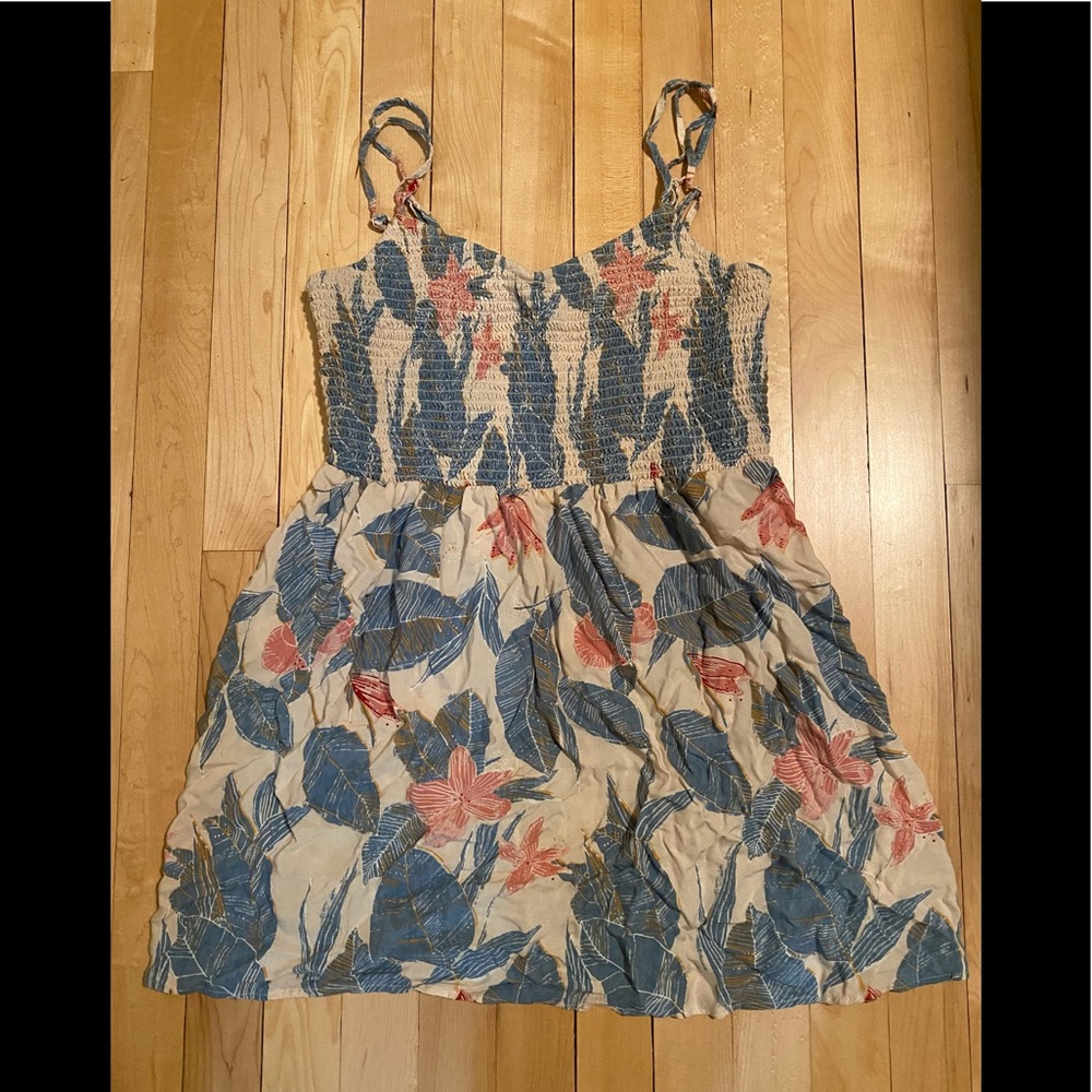 American Eagle Tropical Print Tan & Blue Sundress Size M